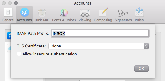 Accounts IMAP Path prefix and TLS Certificate